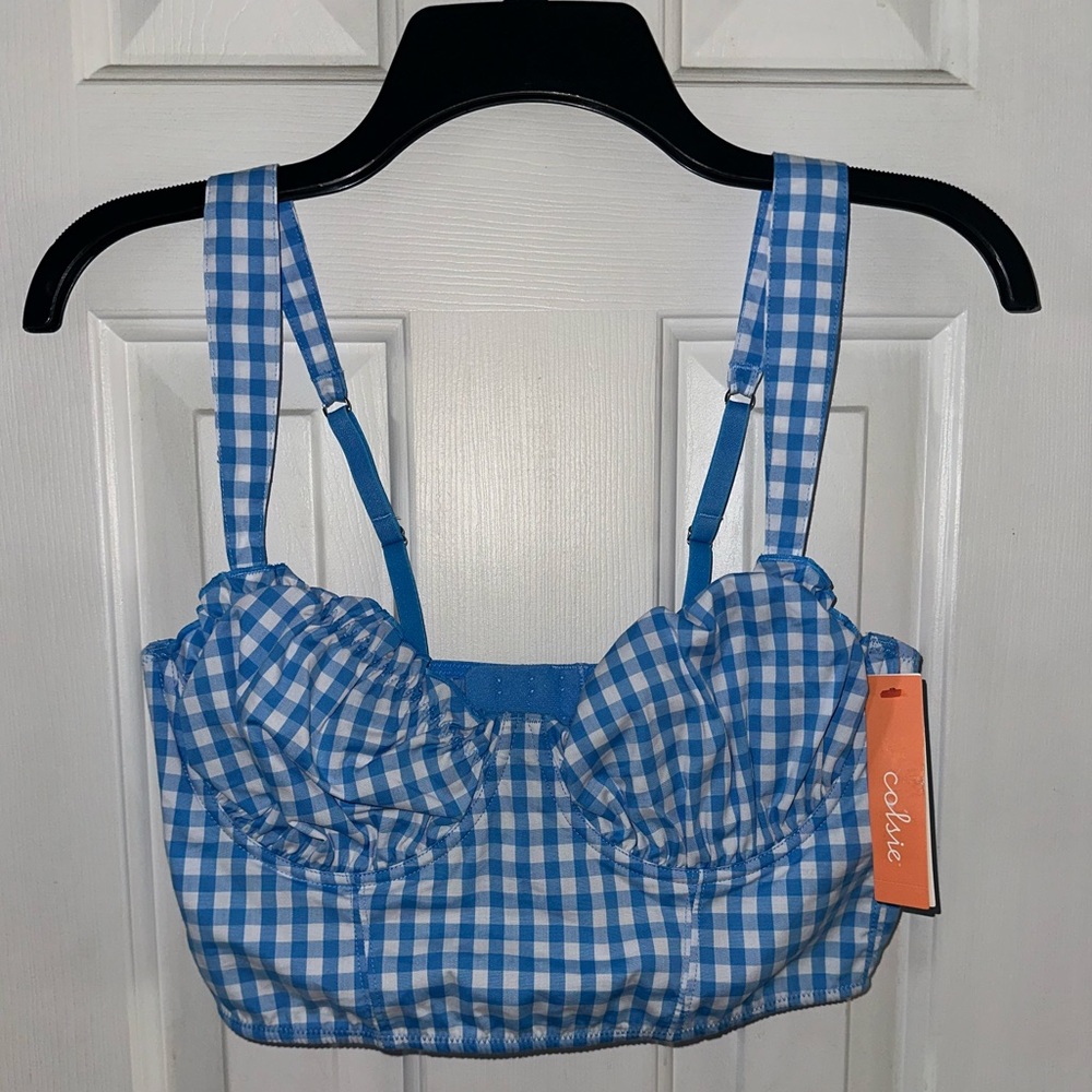 Bustier / bralette, blue & white gingham check, underwire NWT medium